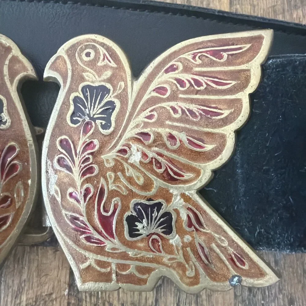 Vintage Golden Hands Lee Bernay Belt Brass Enamel Buckle Suede Boho Hippie